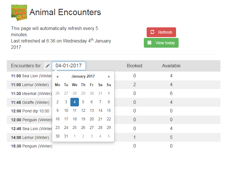 Staff frontend for booking animal experiences